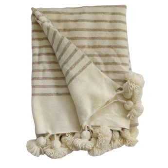 Moroccan heavy wool pompom blanket Beige/Cream 150x250