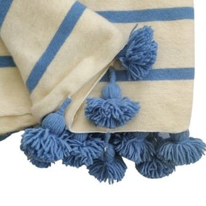 Moroccan heavy wool pompom blanket Blue/Cream 150x250