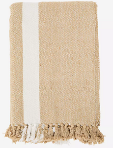 Sand and white striped woven throw with fringe
